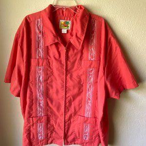 Haband Guayabera Men's Orange/Red White Cuban Cigar Zip Top Shirt size 4X